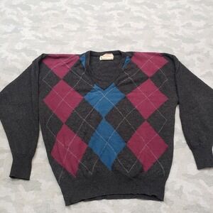 Vintage Alan Paine Sweater Mens 42 Gray‎ Argyle Pullover V-Neck Lambs Wool